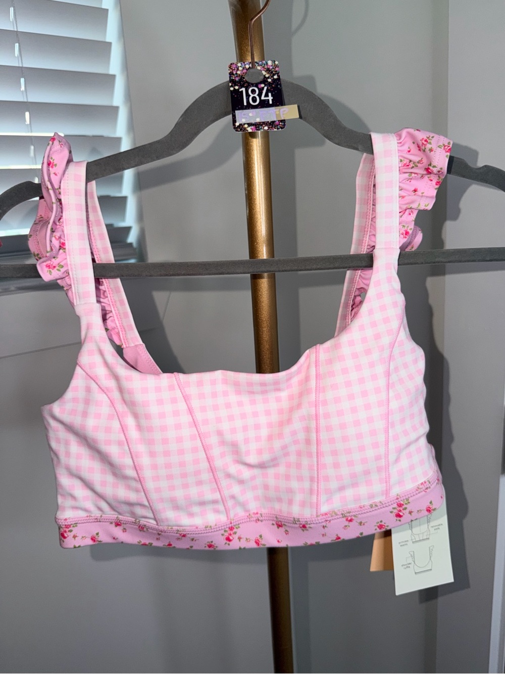Pink Gingham Floral-Trim Ruffled Strap Bandeau Bralette